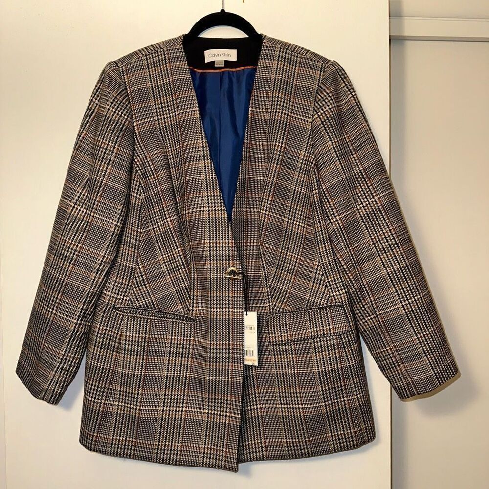 Calvin Klein Women’s Brown Black Plaid Blazer Jacket Size 14W NWT